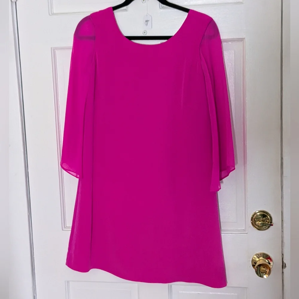 Buckley K Hot Pink Silk Tunic Dress Size 2 Sheer Sleeve Shift Made USA - Picture 2 of 5